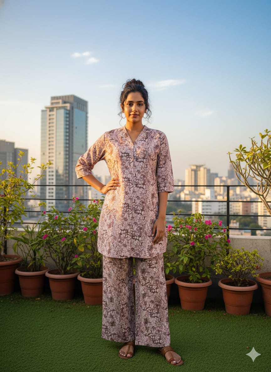 Floral Printed Cotton Co-Ord Set (Kurti & Pant)