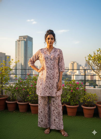 Floral Printed Cotton Co-Ord Set (Kurti & Pant)