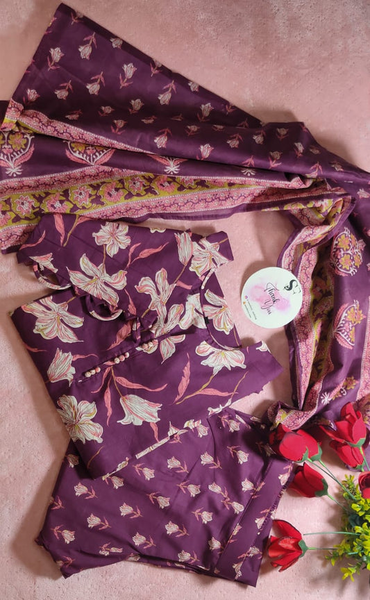 Purple cotton suit set with dupatta