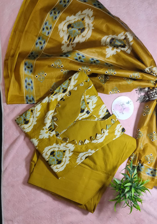 Mustard ikat print cotton suit set with dupatta
