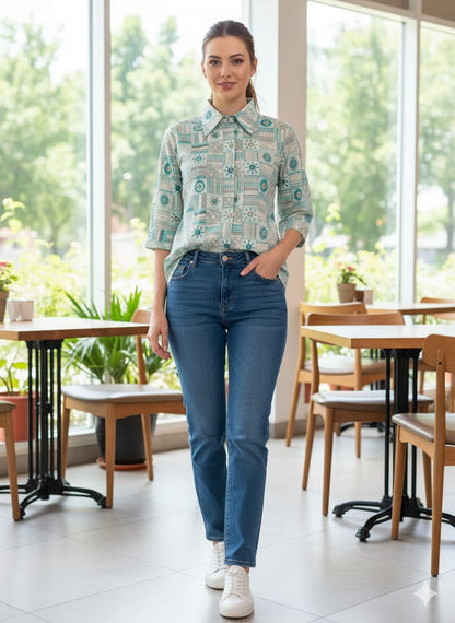 Printed Cotton Shirt – Mint Green Geometric Design