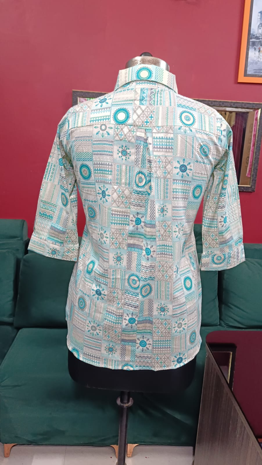 Printed Cotton Shirt – Mint Green Geometric Design