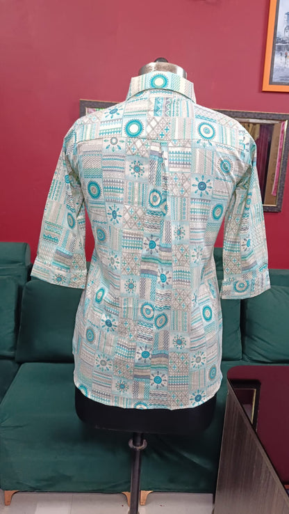 Printed Cotton Shirt – Mint Green Geometric Design