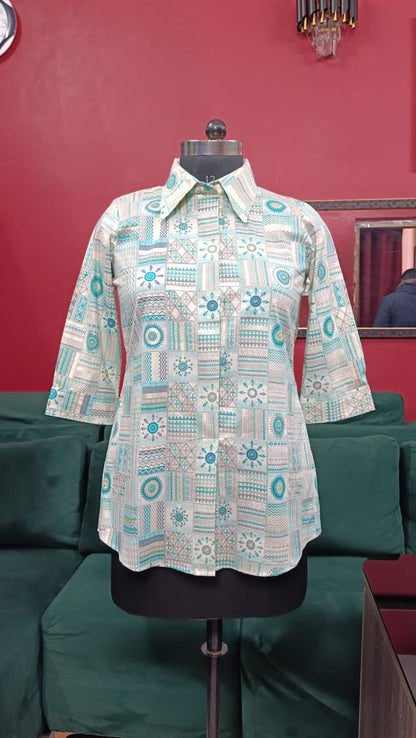 Printed Cotton Shirt – Mint Green Geometric Design